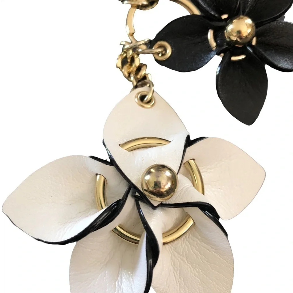 Victoria’s Secret Black White Faux Leather Vegan Floral Keychain Gold Clip